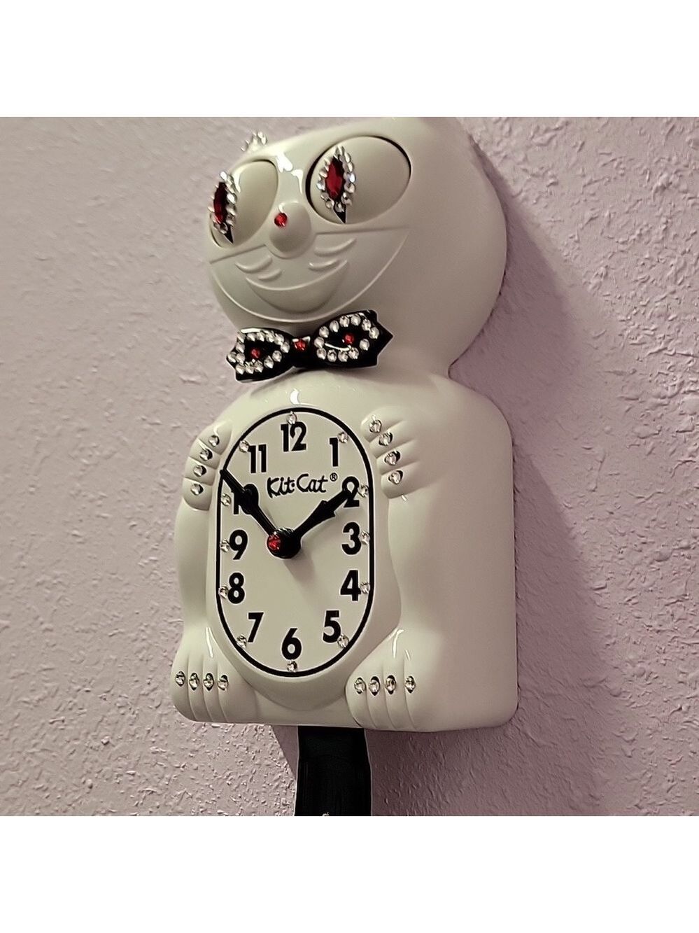Jeweled White Kit-Cat Klock clock with black bow tie and tail - Picture 5 of 5